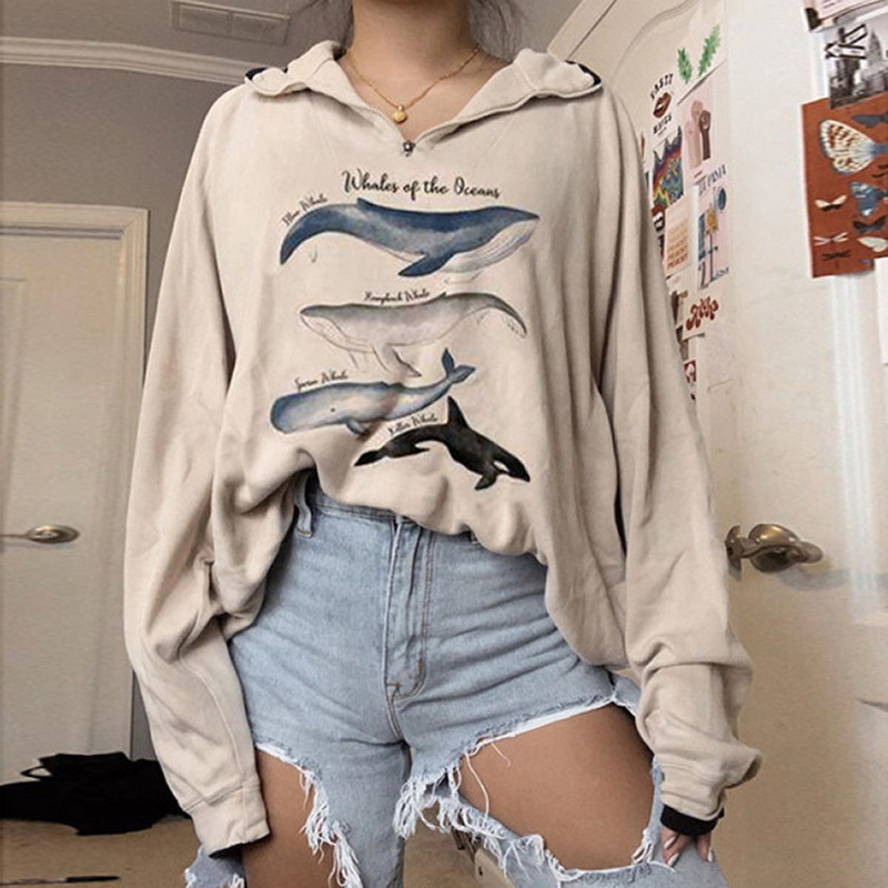 Fashion Women Hoodie Whales Print Loose Hoodies Personality Printed Women Sweatshirts Zipper Graphic Hoodie Pullovers 201202