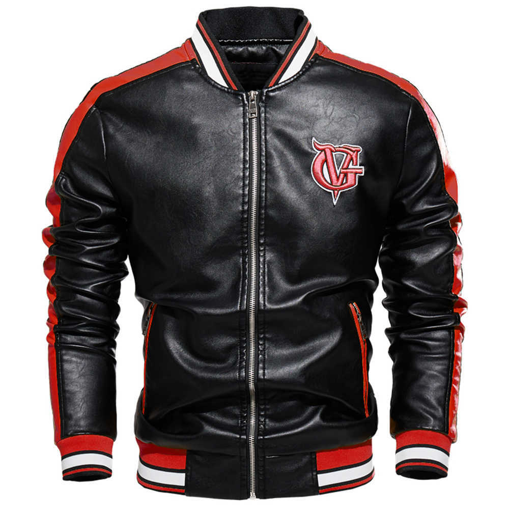 Men Jacket Casual Letter Embroidery Leather Jacket Streetwear Fashion Tops Patchwork Leather Bomber Jacket Autumn Coat Men 211009