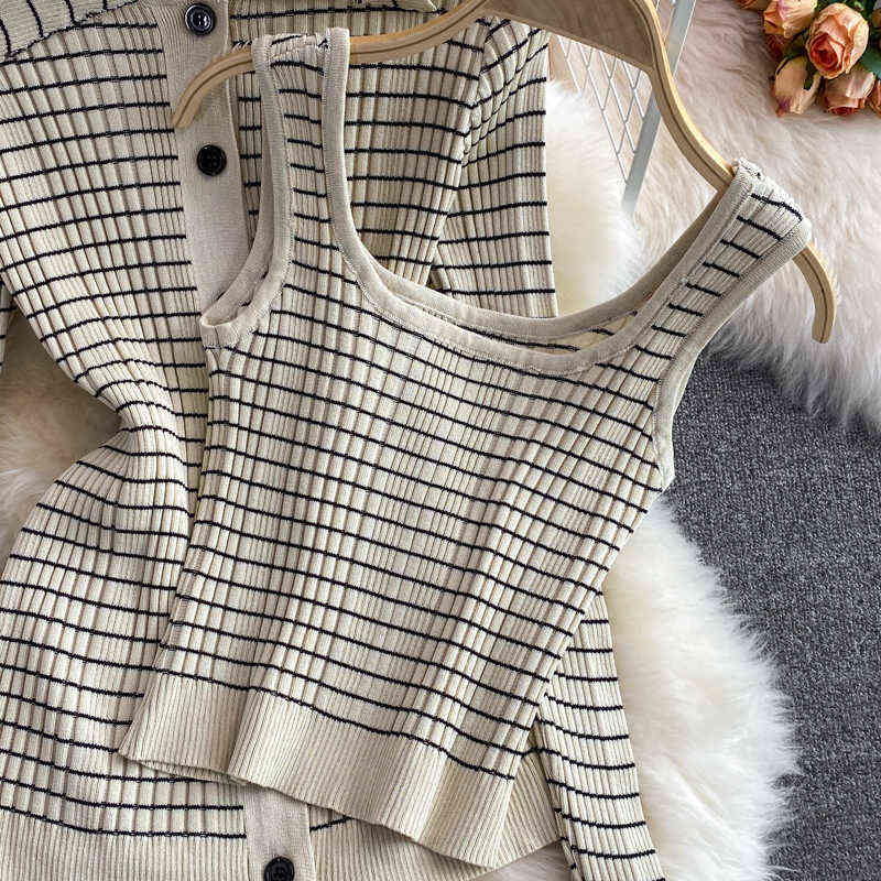 Women 3 Piece Set Autumn Korean Style Temperament Fashion Suit Plaid Knitted Cardigan Bottoming Camisole Skirt 211106