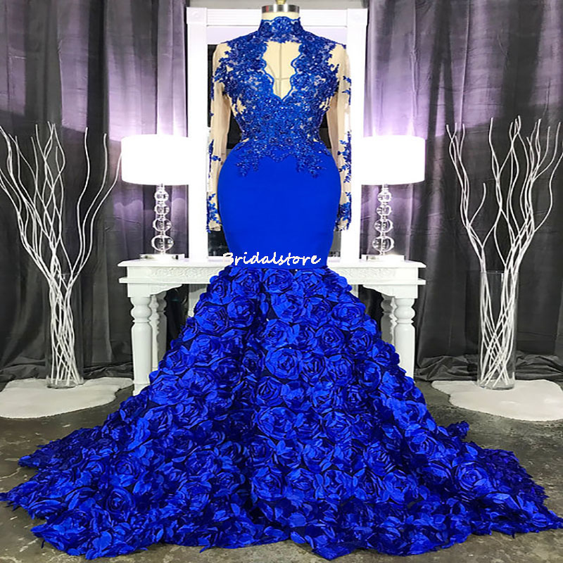 Plus Size Royal Blue Mermaid Prom Dresses For Black Girls Keyhole Neck Long Sleeve African Evening Gowns 2022 3D Florals Dress Elegant Formal Party Ve