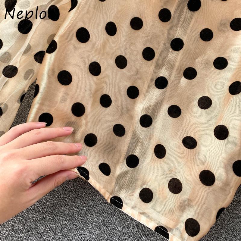Neploe Retro Chic Polka Dot Puff Sleeve Blouse Women O-neck Zip Panelled Femme Blusas Fashion New All-match Shirt 1F917 210225