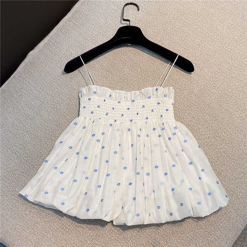 DEAT Women Printing Pleated Ruffles Sling Slim Camis Arrivals Sexy Fashion Temperament Spring Summer 11D439 210709