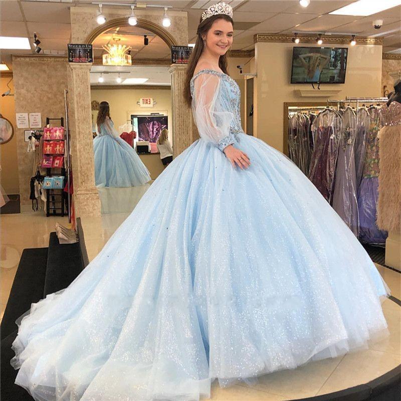 Sparkly Quinceanera Dresses With Long Juliet Sleeves Beaded Crystals Sweet Birthday Party Princess Ball Gown Vestido 6660306