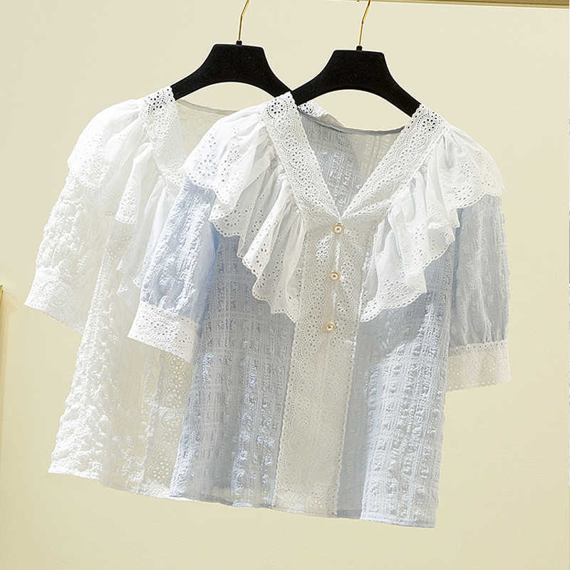 Plus Size 4XL Summer Lace Blouse Women Sweet Short Sleeve Ruffle Patchword V Neck Loose Shirt Fashion Women Tops 14211 210527, Light blue
Plus Size 4XL Summer Lace Blouse Women Sweet Short Sleeve Ruffle Patchword V Neck Loose Shirt Fashion Women Tops 14211 210527, Light blue