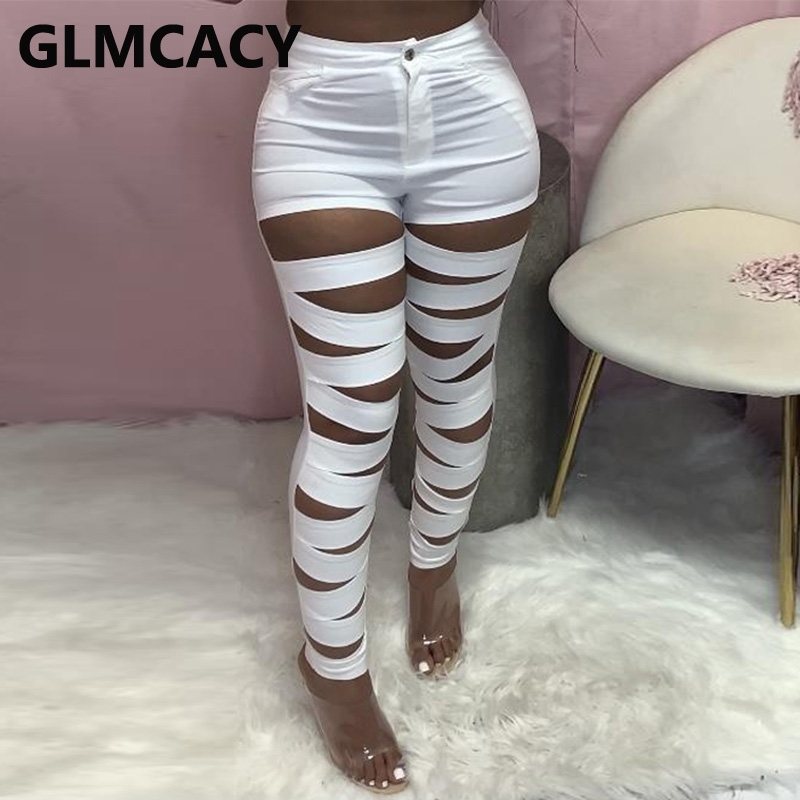 Women High Waist Ripped Hollow Out Bodycon Pencil Pants 210702