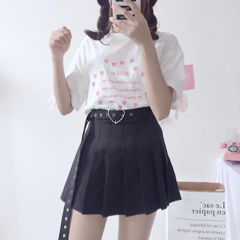 Harajuku Solid Pleated Skirt High Waist Pink A-Line Skirt Cute Korean Uniform Female Kawaii Women Bottom Midi Skirt heart Sashes 210309