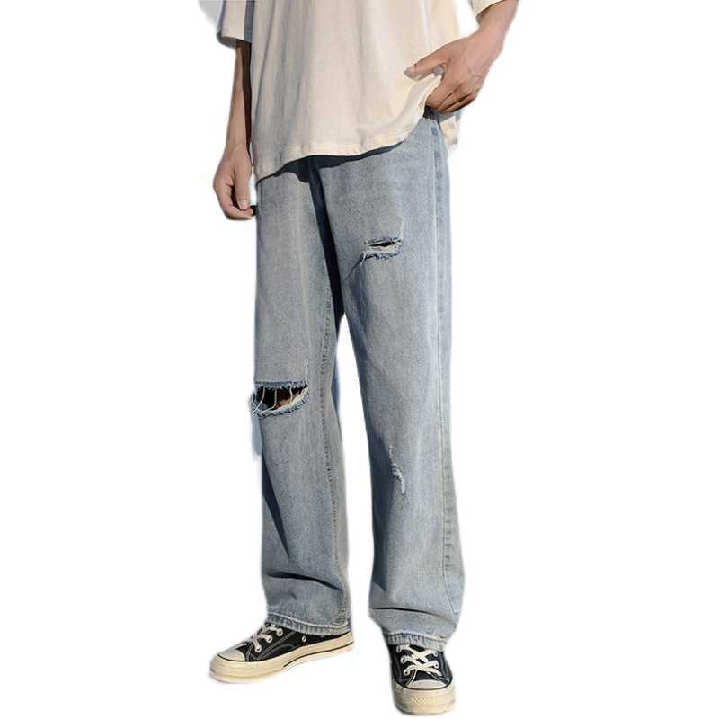 ripped jeans for men hombre men's summer loose straight high street pants Korean Trend Capris hip hop streetwear 211011