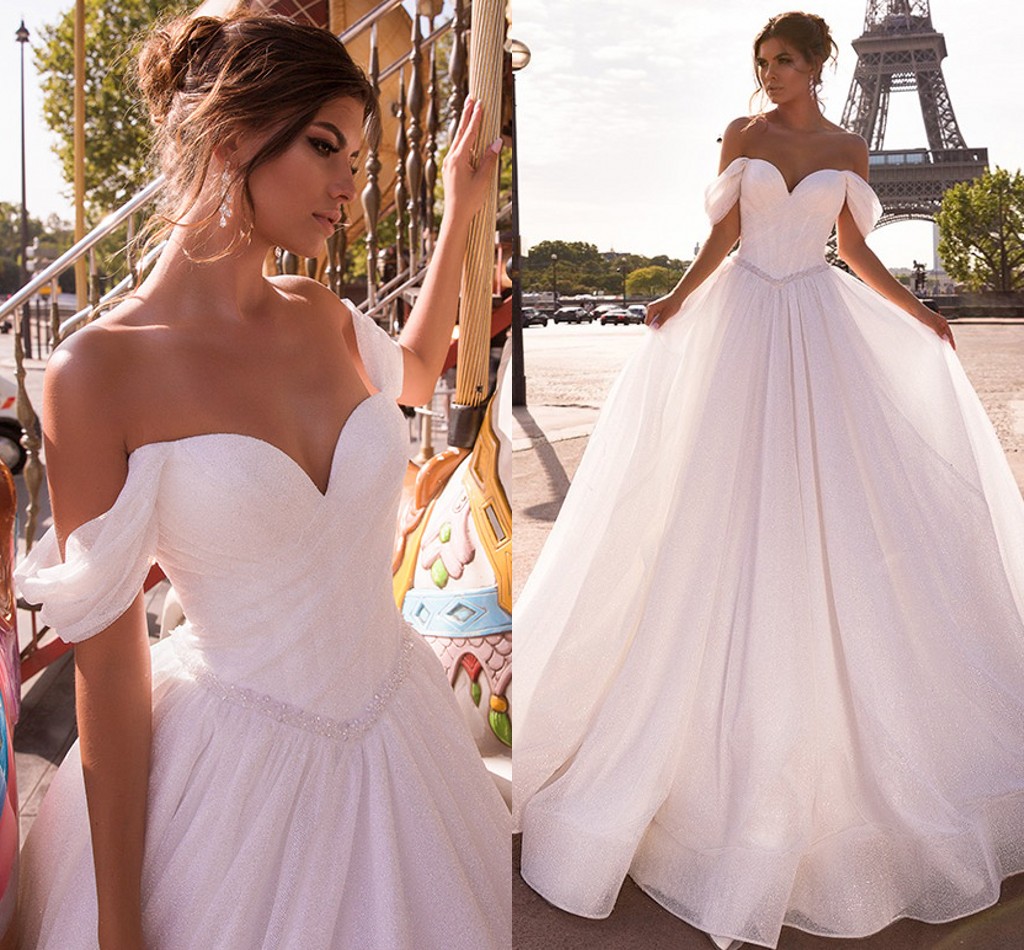 Blingbling Off the Shoulder Beading Sashes A-line Wedding Dresses Court Train Sequin Bridal Gown vestidos de noiva robe mariee 2022