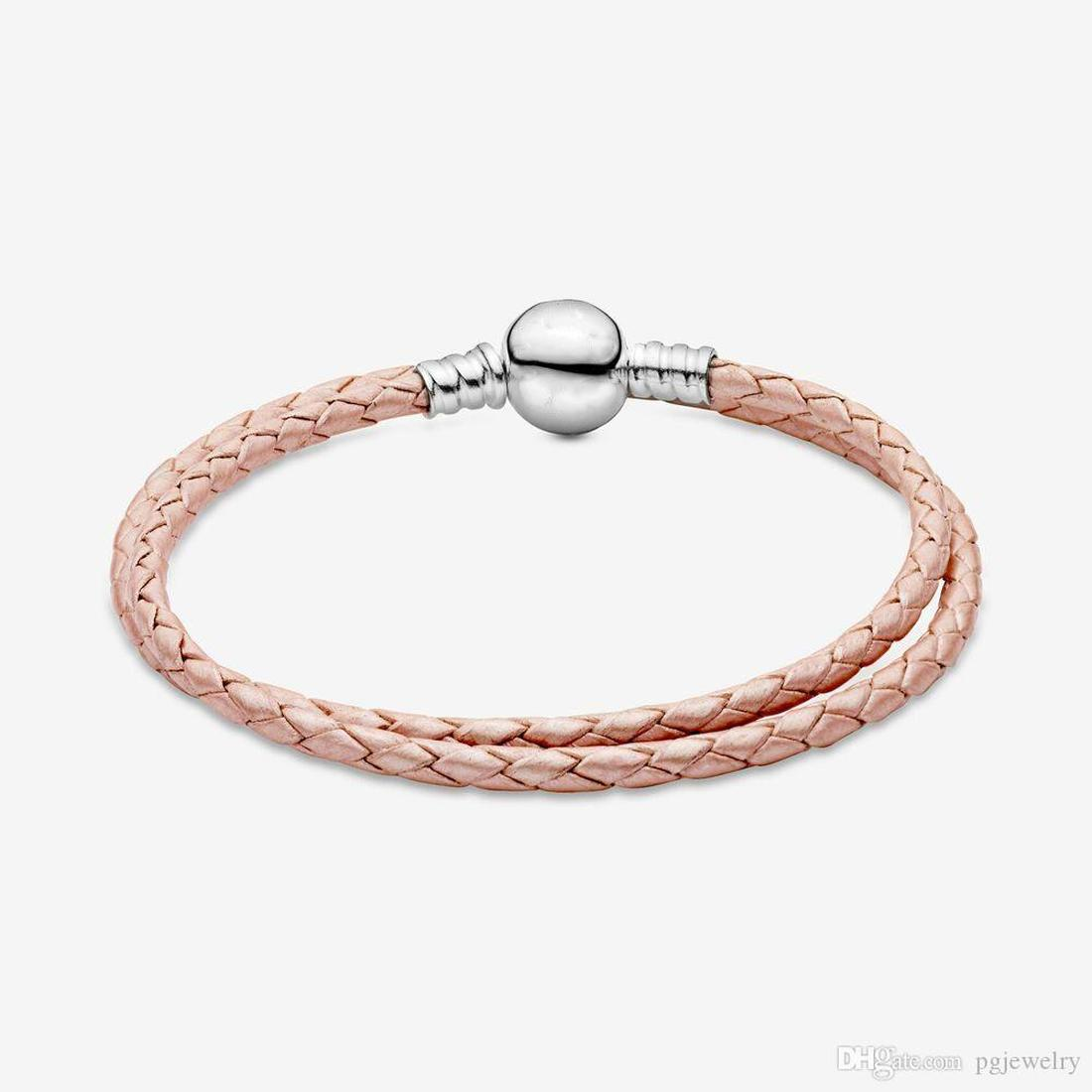 Fine jewelry Authentic 925 Sterling Silver Bead Fit Charm Bracelets Charms Bracelets Moments Double Black & Pink Leather Safety Chain Pendant DIY bead
