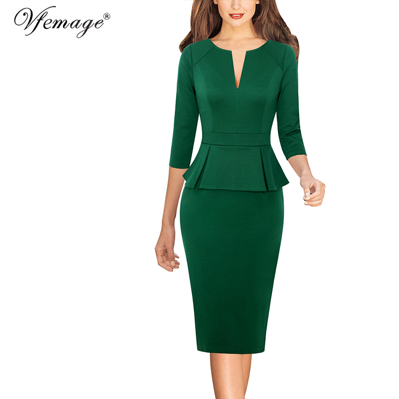 Vfemage Womens Autumn Front Zipper Peplum Solid Colorblock Contrast Work Business Office Party Sheath Bodycon Pencil Dress 671 201008