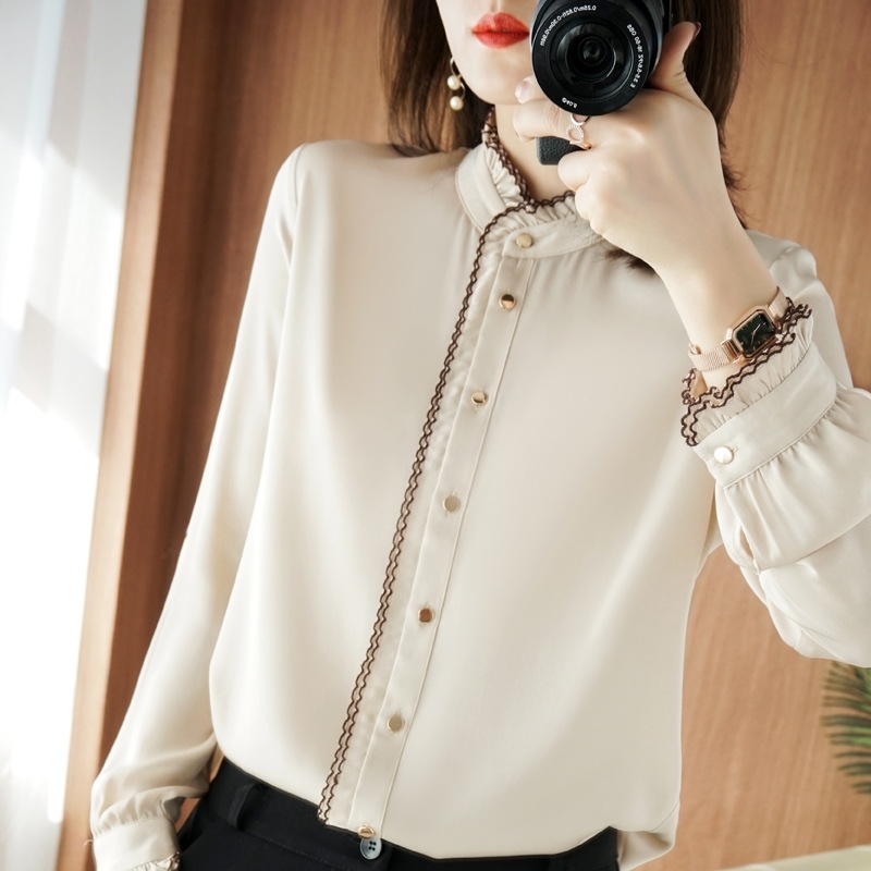 White shirt women's long sleeve 2021 new spring and summer dress foreign style Ruffle Satin mulberry silk top, White;black
White shirt women's long sleeve 2021 new spring and summer dress foreign style Ruffle Satin mulberry silk top, White;black