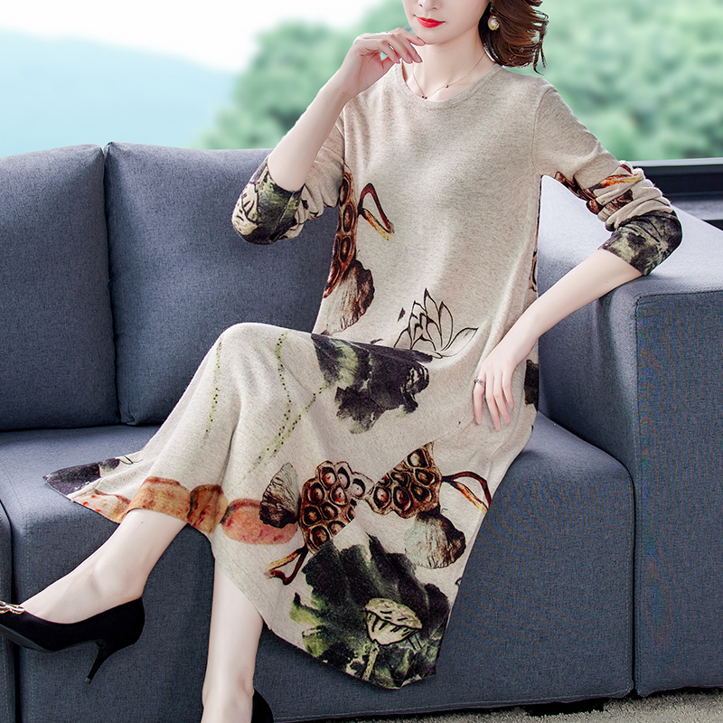 Autumn Winter Casual Vintage Warm Floral Knited Sweater Dress Print 3XL Plus Size Women Elegant Bodycon Long Wool Sweaters 210218