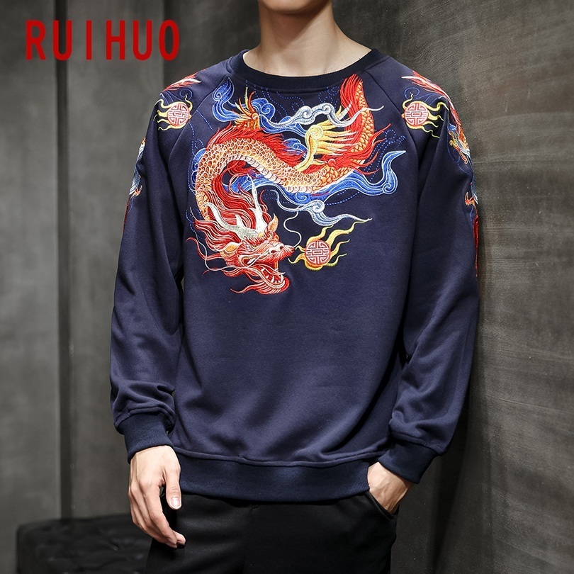 RUIHUO Autumn Chinese Dragon Embroidery Sweatshirt Men Japanese Streetwear Men's Sweatshirt Fashion Sweatshirts For Men 5XL 201020