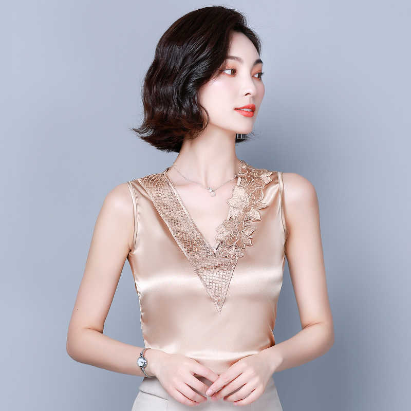 Korean Fashion Silk Tank Top Women Satin Office Lady Lace Solid Plus Size XXXL/4XL White Clothing for 210531