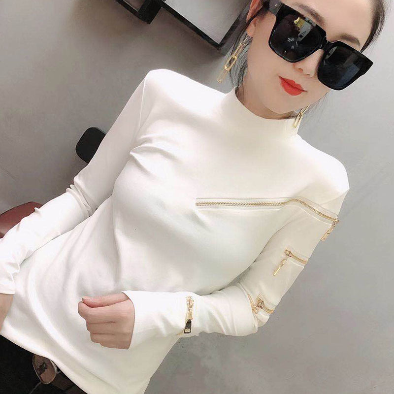 Zipper Deco Women T-shirts Femme Strechy Cotton T-shirts Lady Zipper Pullovers Tp[s 210302