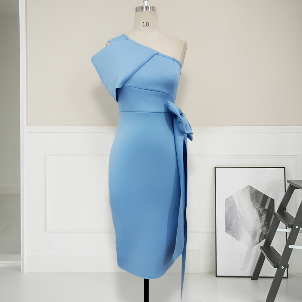 Women Bodycon Dresses One Shoulder with Bowtie Waist Belt Light Blue Dress Elegant Slim Vestido African Event Celebrate Occasion 210309