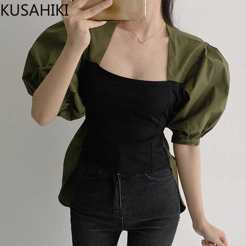 Korean Hit Color Patchwork Blouse Top Puff Sleeve Square Collar Shirt Lace Up Slim Waist Blusas Mujer 6G306 210603, Green
Korean Hit Color Patchwork Blouse Top Puff Sleeve Square Collar Shirt Lace Up Slim Waist Blusas Mujer 6G306 210603, Green