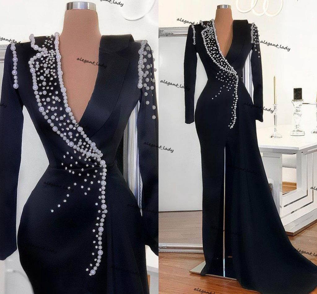 Black Long Sleeve V-neck prom dress Elegant High Slit Women Formal Gowns Black Satin Pearls African Evening Dresses, Blue
Black Long Sleeve V-neck prom dress Elegant High Slit Women Formal Gowns Black Satin Pearls African Evening Dresses, Blue