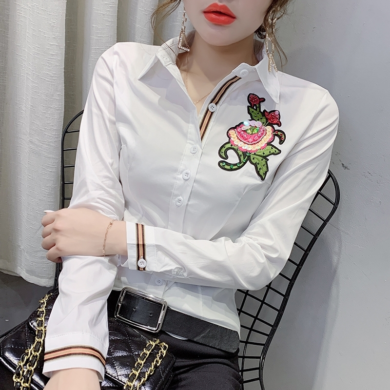 New Summer Korean Clothes Embroidery Flower Blouse Womon Beading Diamonds Woven Nylon Shirt Women Long Sleeve Tops T02503 210225