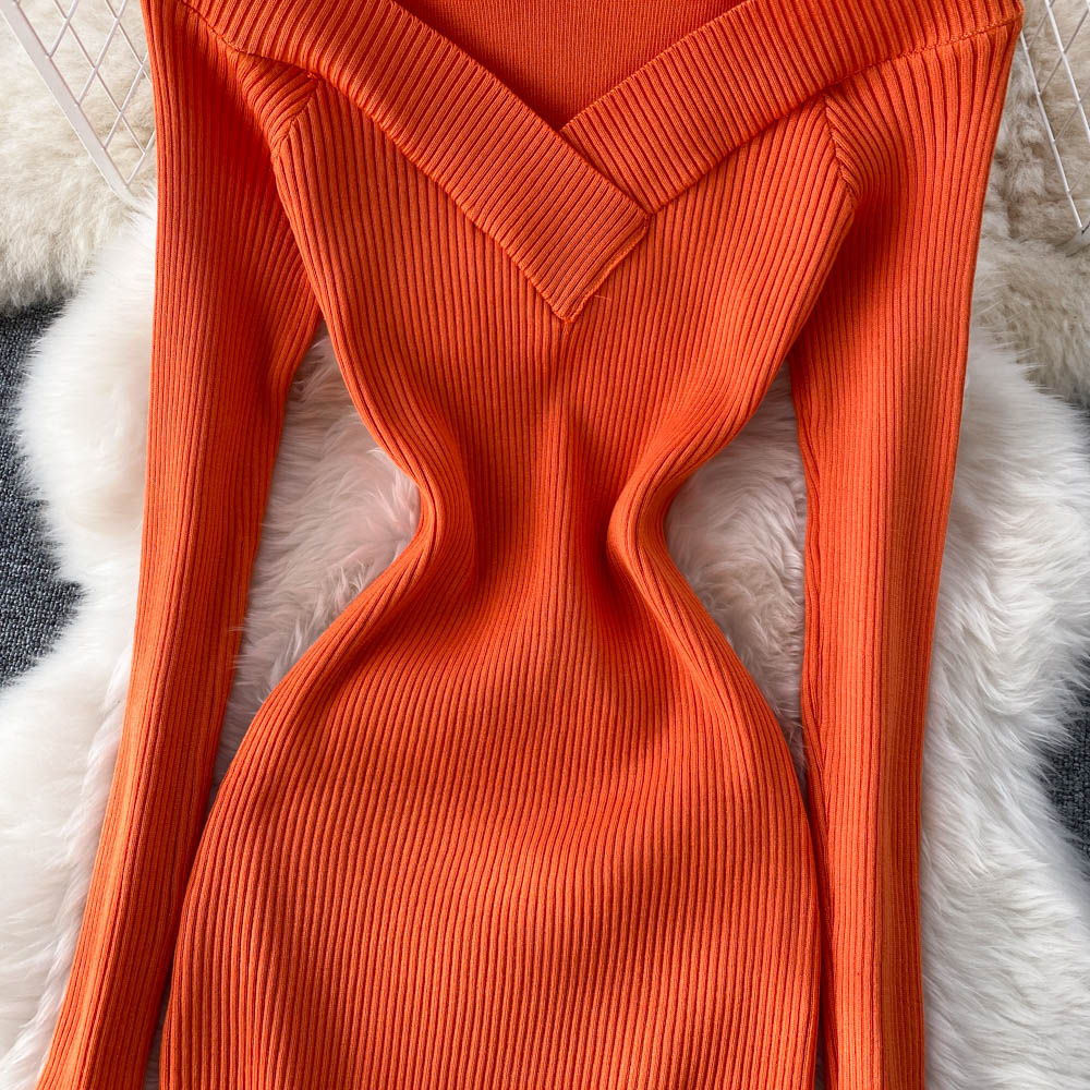 New design womens o-neck candy color off shoulder sexy bodycon tunic knitted knee length dress