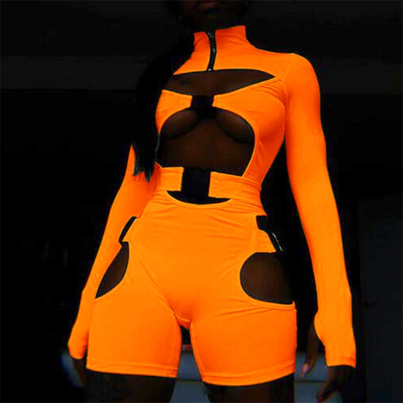 Echoine Summer Tracksuit Women Skinny Sport Playsuit fitness Bodysuit Sexy Rompers Biker Shorts hollow out Club Outfits T200610