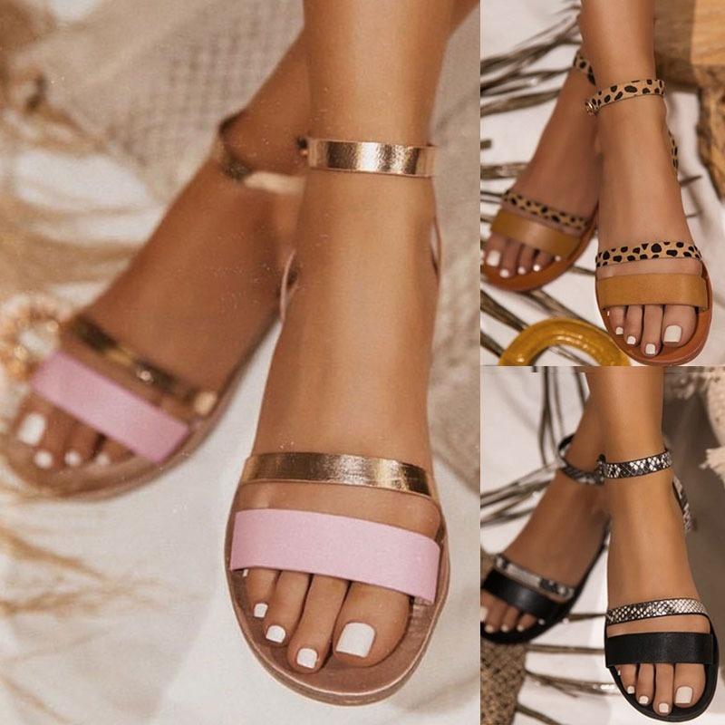 Sandals Retro Fashion Snakeskin Casual Sponge Bands Beach Shoes Women Summer, Beige