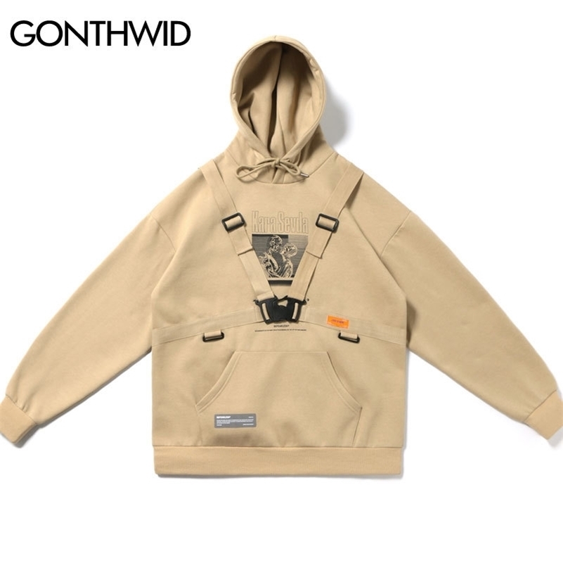 GONTHWID Blind Love Print Buckle Ribbons Fleece Hooded Sweatshirts Pullover Hoodies Streetwear Hip Hop Hipster Casual Tops Mens 201103