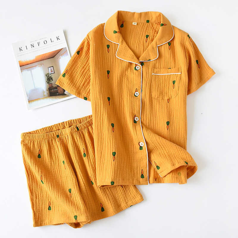 ladies pajamas suit summer comfortable cotton gauze lapel pajamas suit women thin loose cartoon carrot printing home service 210924
