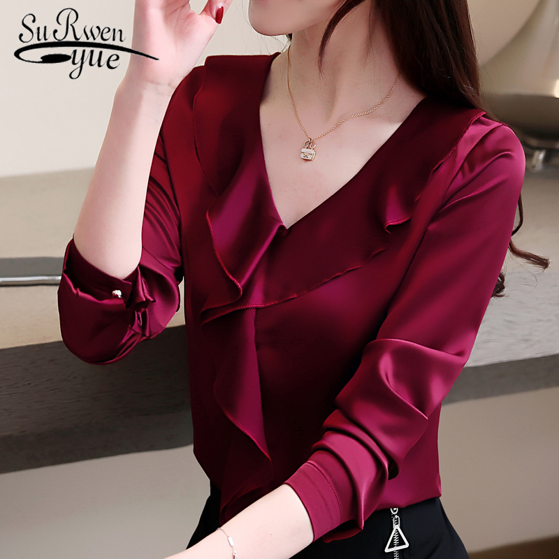 Fashion Womens Tops And Blouses V Collar Office Blouse Women Chiffon Blouse Shirt Female Long Sleeve Women Shirts Blusas 2355 50 210225