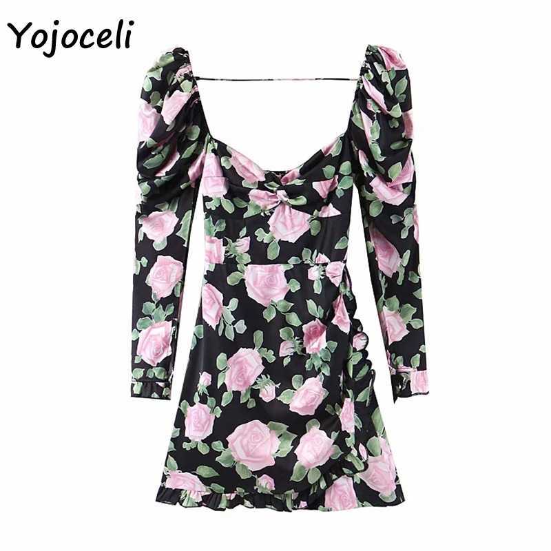 Yojoceli puff sleeve square neck mini dres floral print party club female vestidos 210609