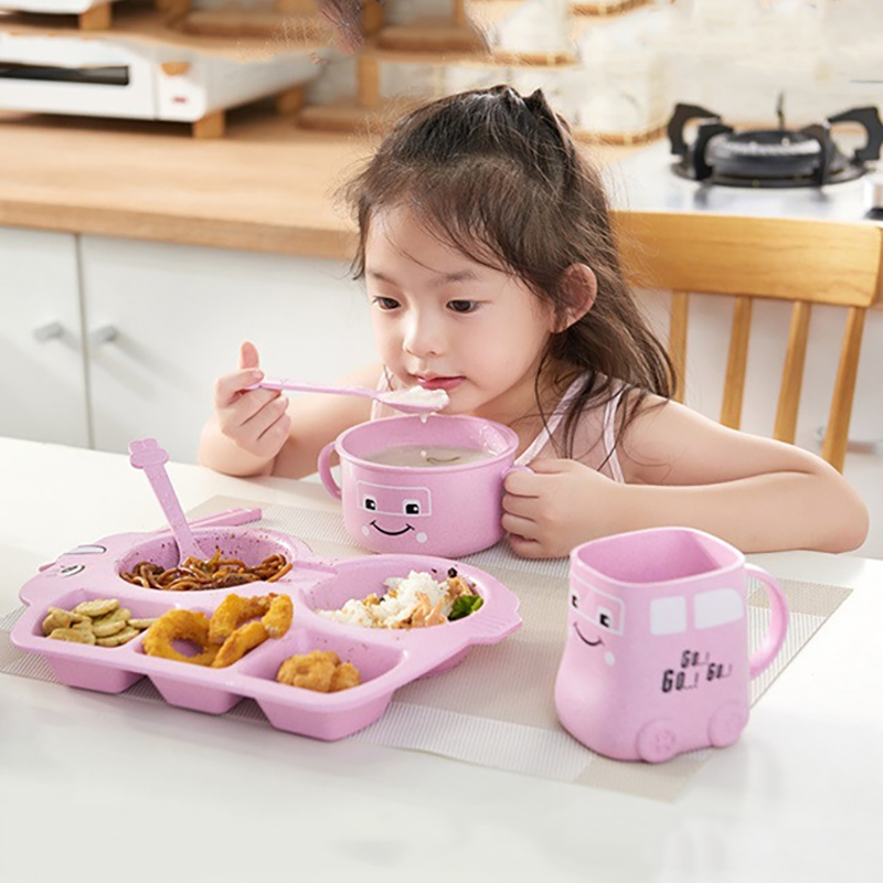 6pcs/set Baby Bamboo Fiber Dishes Creative Car Shape Plate Divided Children Tableware Kid Food Plate Baby Learning Dishes Cup 210226