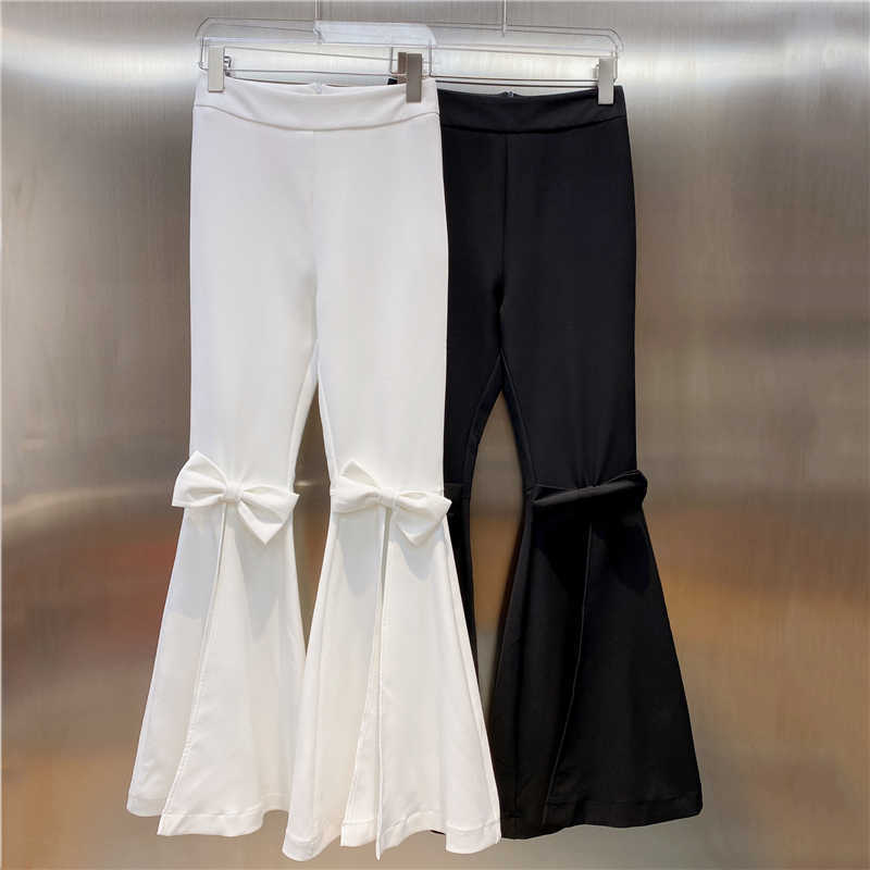 DEAT Women High Waist Elasticity Split Bow Flare Pants Arrivals Temperamnet Fashion All Match Spring Summer 11D989 210709