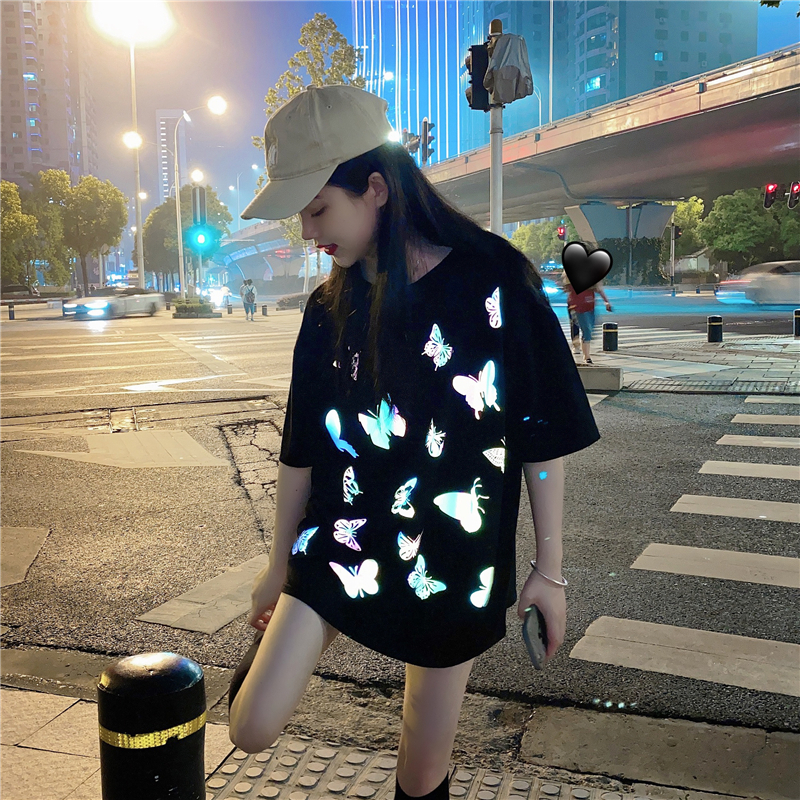 Harajuku Hip Hop INS reflective butterfly T-shirt summer loose women shirts white top korean clothes plus size 210302