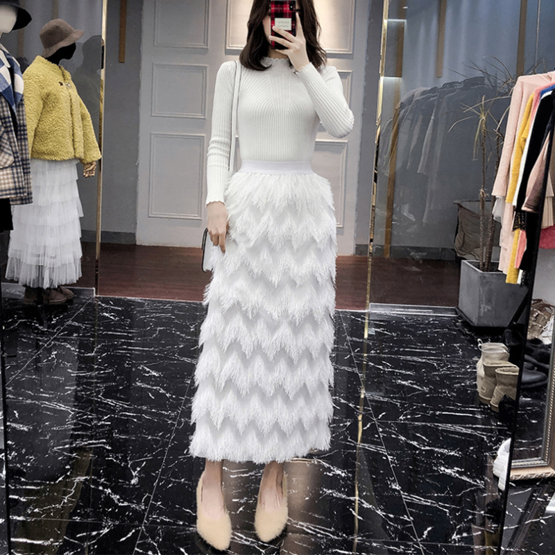 TIGENA Tassel Maxi Skirt Women Fashion Korean Casual Fringe High Waist Straight Long Skirt Female Ladies Black White 210306