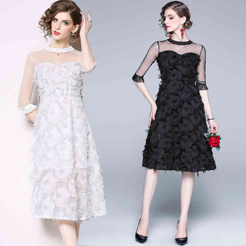 Womens Autumn Elegant Mesh Patchwork Tassels Feather Black Sexy Slim Vintage Casual Office Party Dress Vestidos 210525