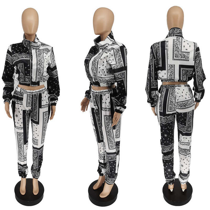 Bandana Print Two Piece Set Causal Paisley Print Long Sleeve Zippers Short Jacket Tops Jogger Pants Suit Outfit Street Tracksuit Y0625