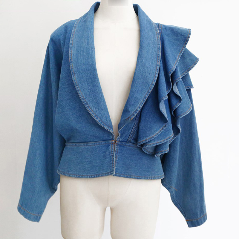 TWOTWINSTYLE Patchwork Ruffle Tunic Shirt For Women V Neck Half Sleeve Denim Blouse Female Fashion New Clothing Autumn Tide 210225