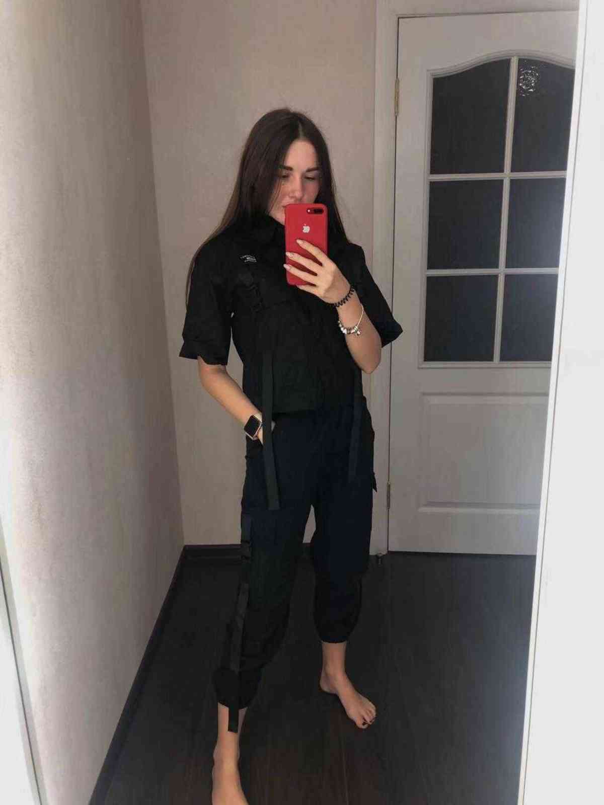 Autumn Streetwear Pants High-Waist Straight Ribbon Cargo Student Loose Short-Sleeved Shirt with Tie two-piece Set 211115