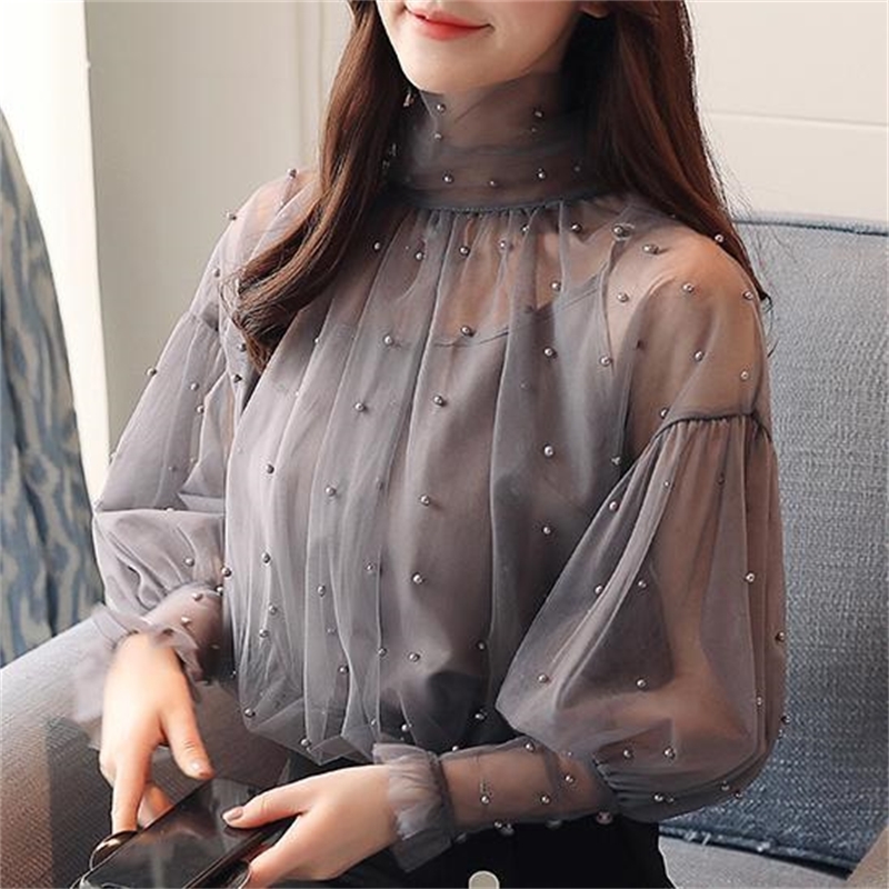 Plus Size 2XL Women Top lantern Sleeve Autumn Spring Blouse Beading Elegant Blouse Chiffon Pearl Shirt T200322