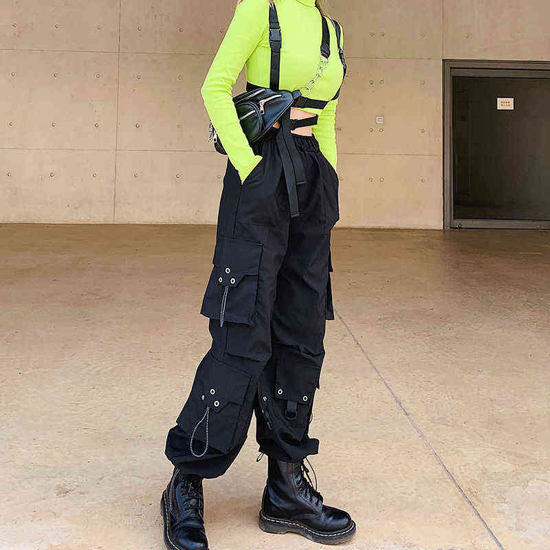 QWEEK Gothic Cargo Pants Women Korean Fashion Spring Harajuku Streetwear Oversized High Waisted Loose Trousers Female Goth 211124