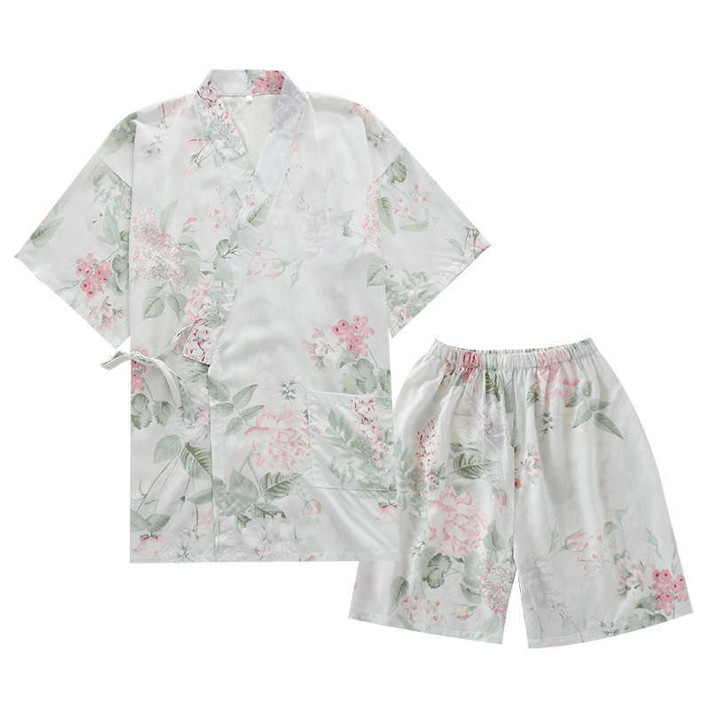 Japanese-style kimono short-sleeved shorts summer ladies pajamas suit cotton home service suit pajamas women pink pajamas suit 210924