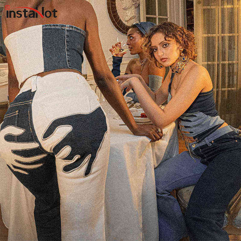 Insta Women Flare Jeans Embroidery Trousers Y2K Casual Streetwear Denim Fashion Vintage Female Sexy Patchwork Pantalones 211129