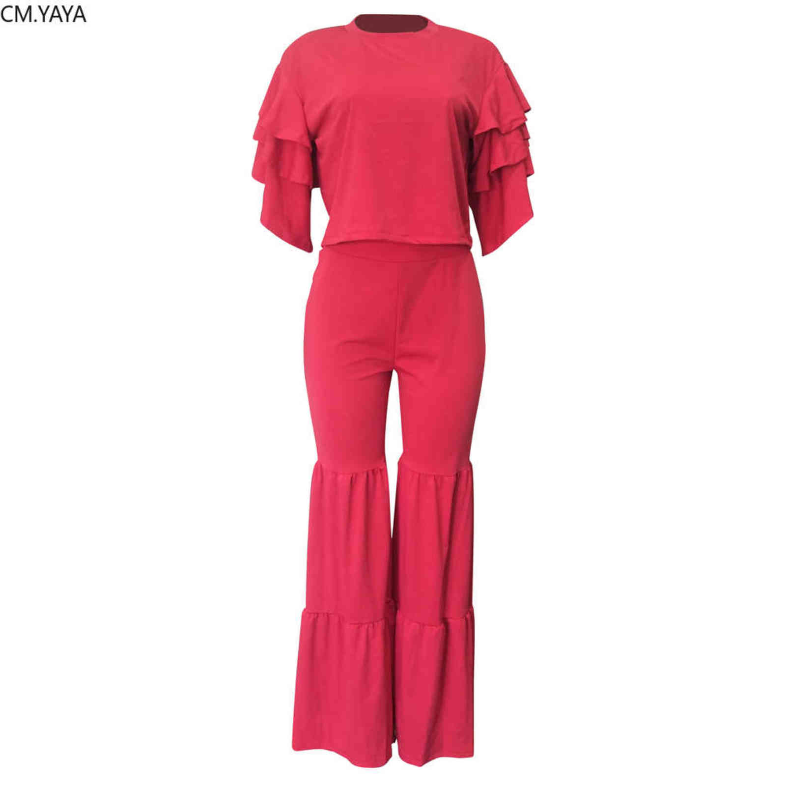 Autumn Winter Women set Tracksuit O Neck Petal Sleeve Top Flare Pants Suit Two Piece Set Solid Night Club Outfits LS6326 211105