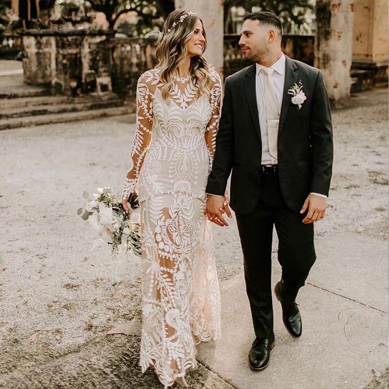 Lace 2022 Bohemian Full Beach Wedding Dresses Bridal Gowns Long Sleeve Low Backless Chic Noivas Boho Rue De Soriee