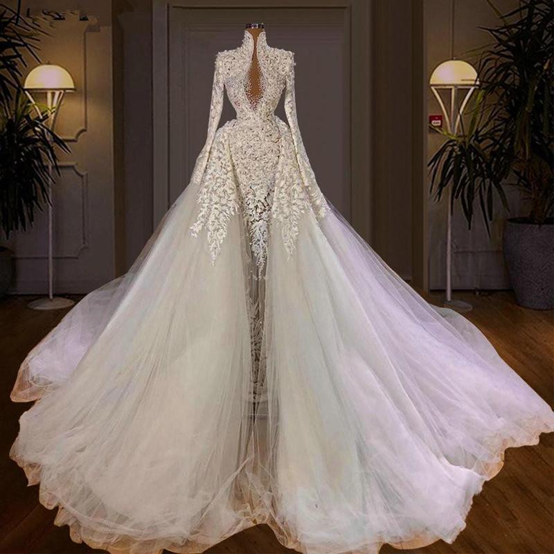Pearls Long Beading Sleeve Wedding Dresses High Collar Bridal Gown with Detachable Train Lace Appliques Vestidos De Noiva 322