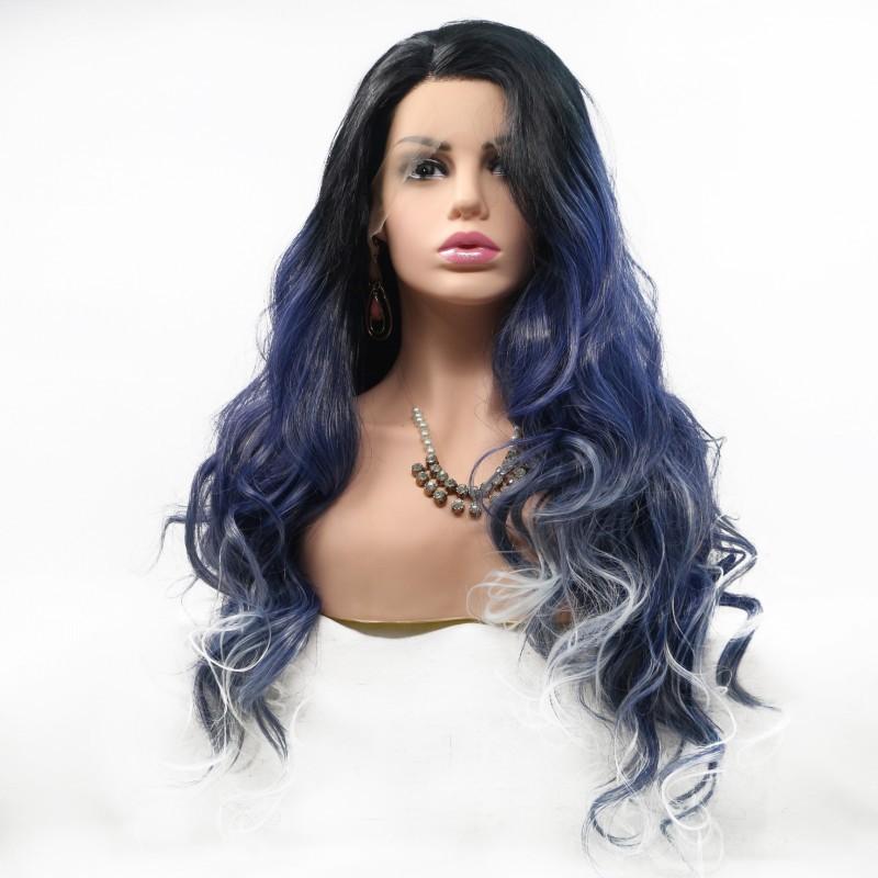 Mix color blue and white Lace Front slight Body Wave Synthetic Wigs Natural looking with soft handfeeling women wigs
