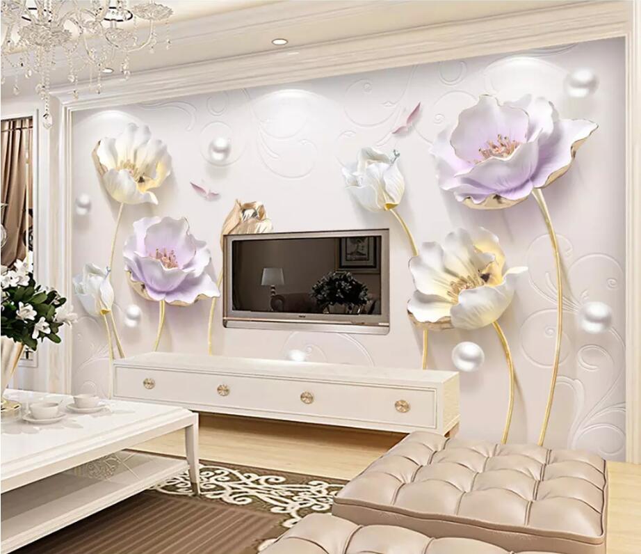 Custom wallpaper 3D photo mural embossed elegant new Chinese simple jewelry tulip sofa background wall paper 3d mural