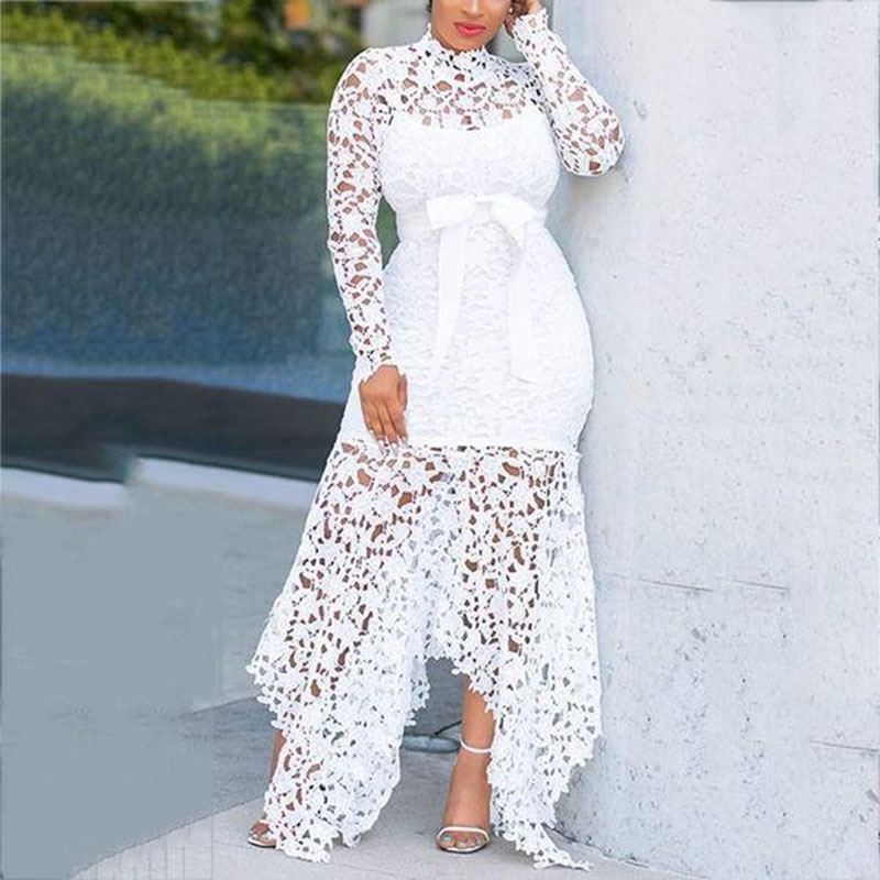 Women Dress Irregular Lace Long Sleeve Hollow Out Up Maxi es High Waist Slim Thin Sexy Bohemian es 210524