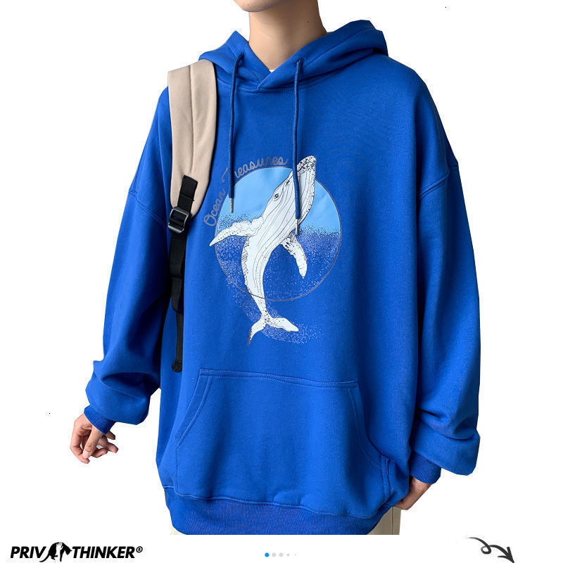 Privathinker Whale Printed Men Hoodies Autumn Warm Korean Loose Men's Hooded Sweatshirts Man Streetwear Casual Pullovers 201020