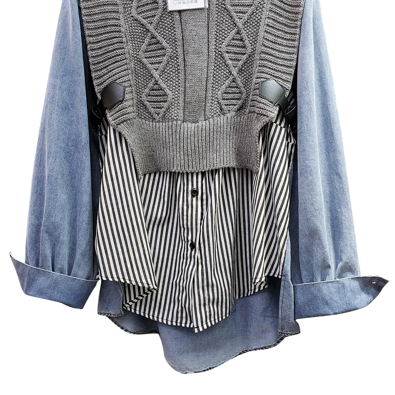 GALCAUR Patchwork Striped Shirt For Women O Neck Long Sleeve Hit Color Oversized Loose High Street Blouses Female Clothing 210308